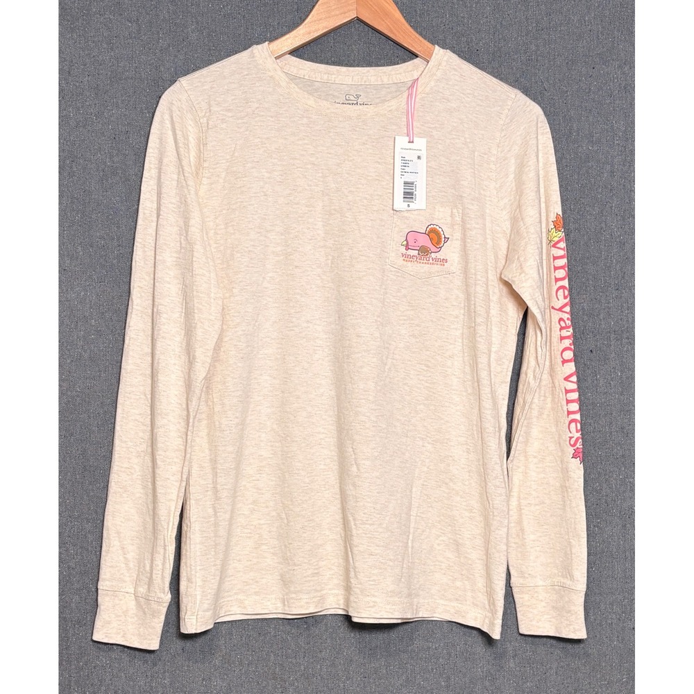 Vineyard Vines Happy Thanksgiving Long Sleeve Pocket Tee Oatmeal Heather Small